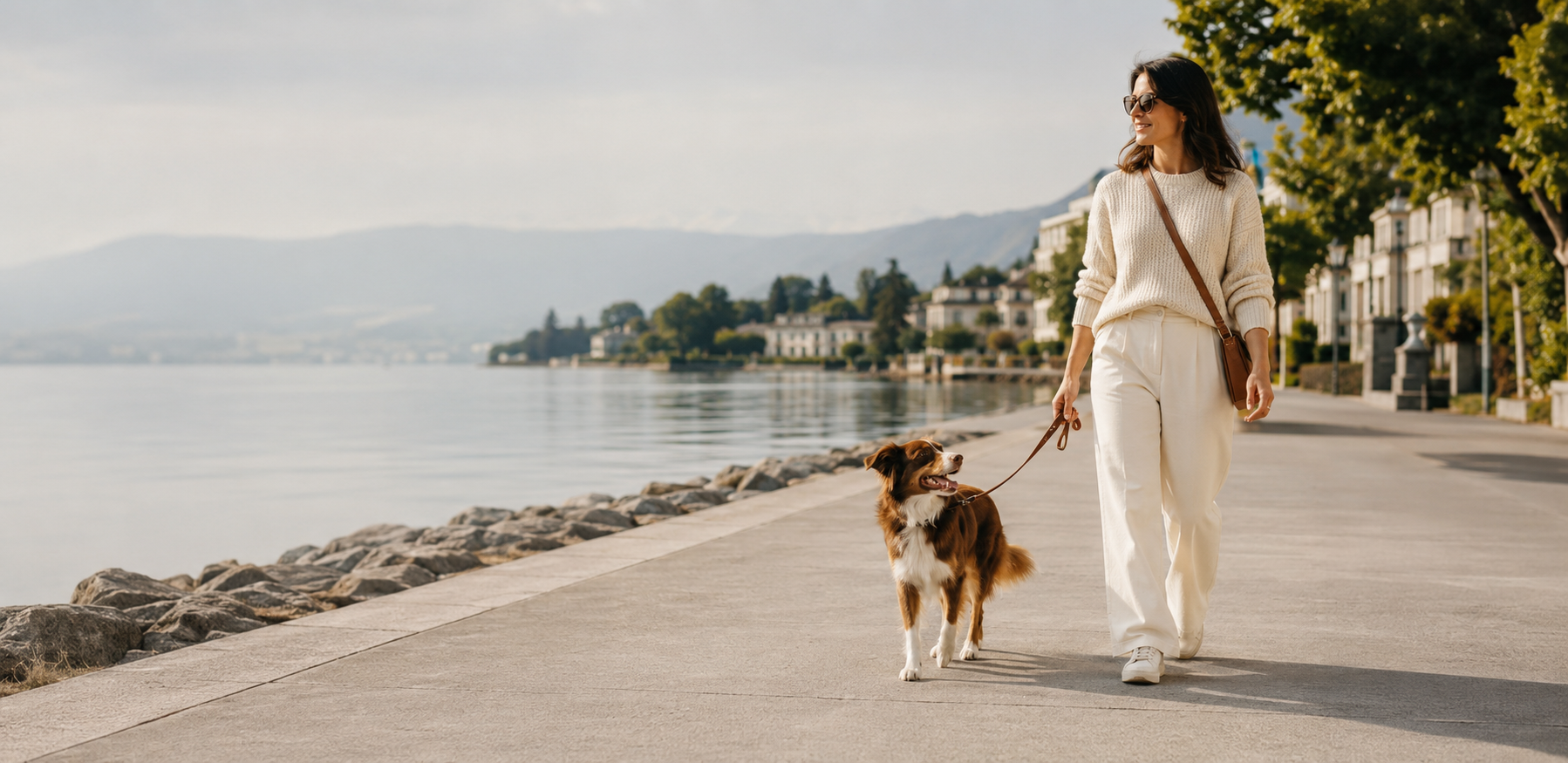 Promenade matinale au bord d’un lac avec un chien