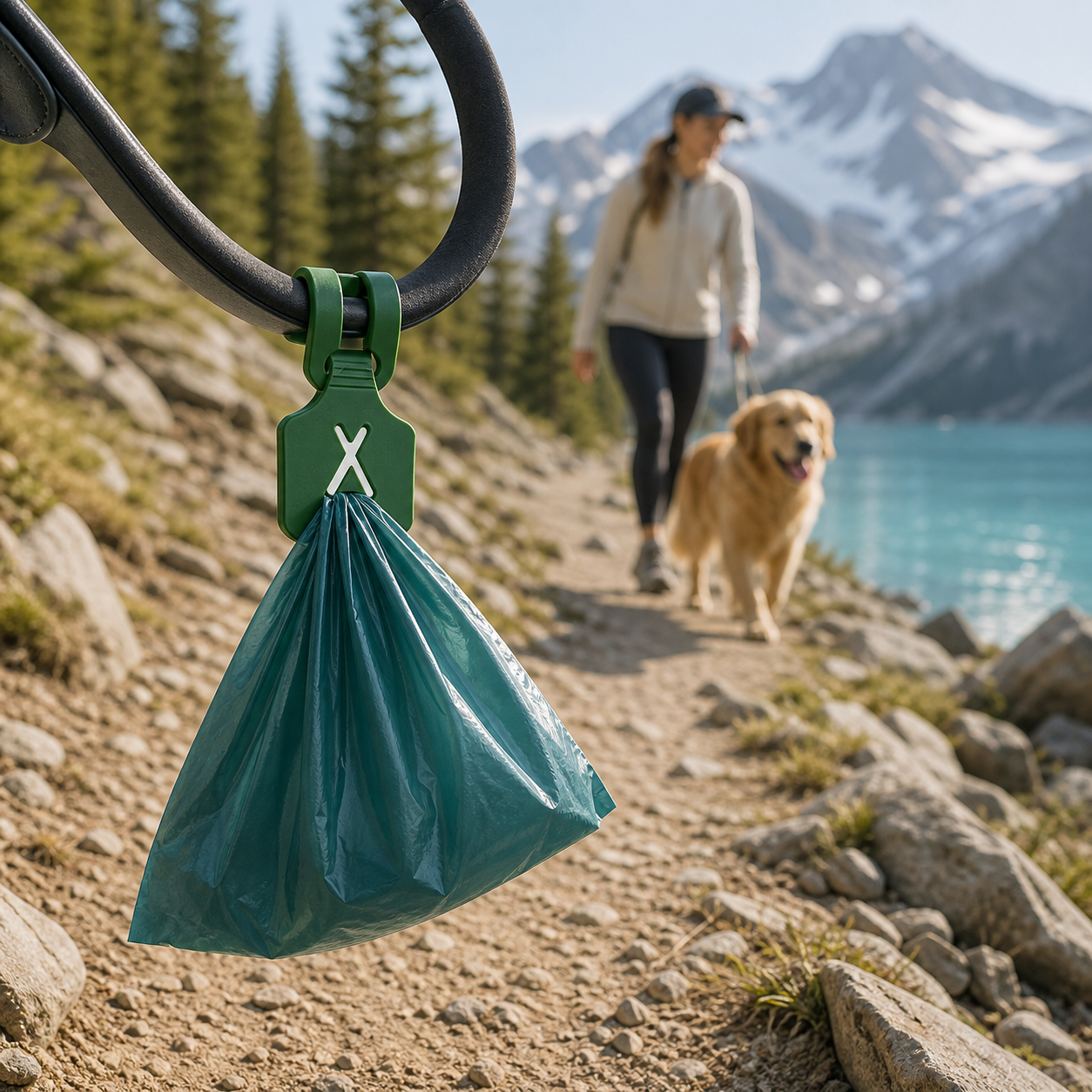 KAVYO Clean vert — attache porte-sac sur une laisse en montagne