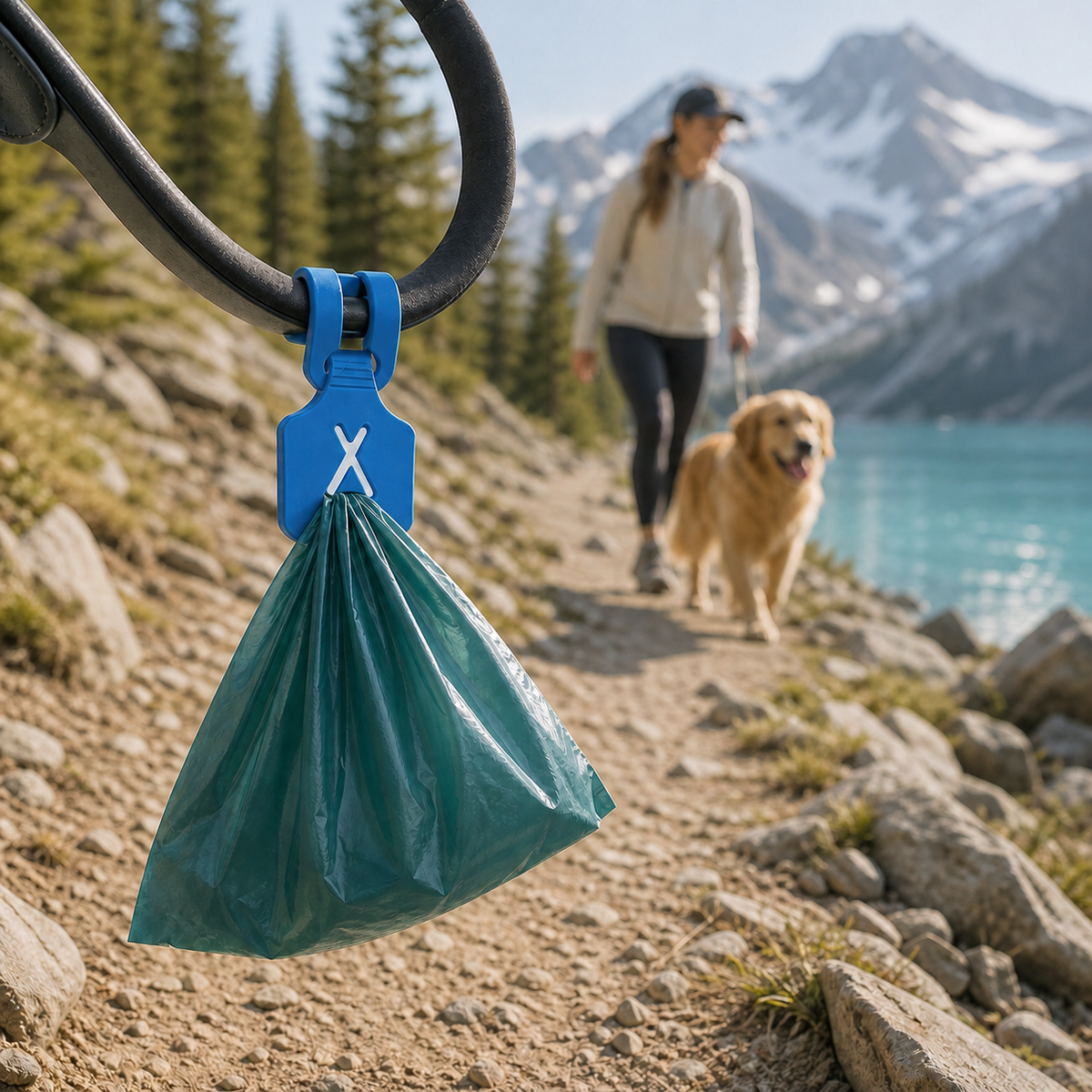 KAVYO Clean bleu — attache porte-sac sur une laisse en montagne