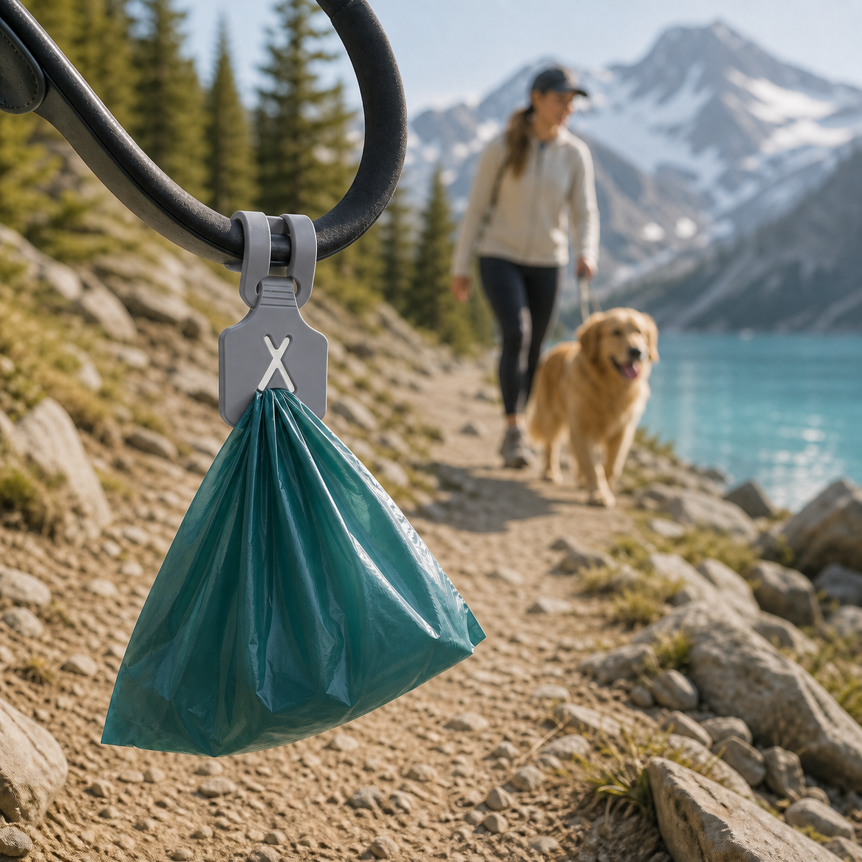 KAVYO Clean gris — attache porte-sac sur une laisse en montagne