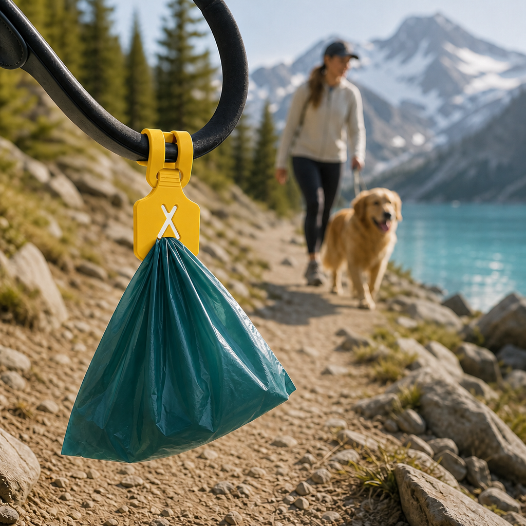 KAVYO Clean jaune — attache porte-sac sur une laisse en montagne