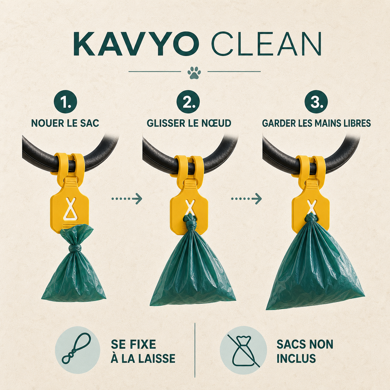 Notice KAVYO Clean — utilisation en trois étapes et sacs non inclus