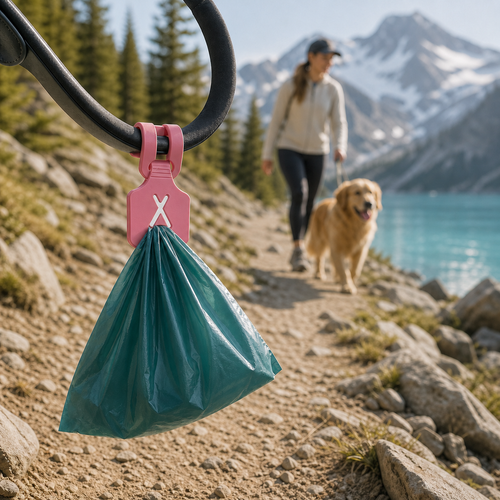 KAVYO Clean rose — attache porte-sac sur une laisse en montagne