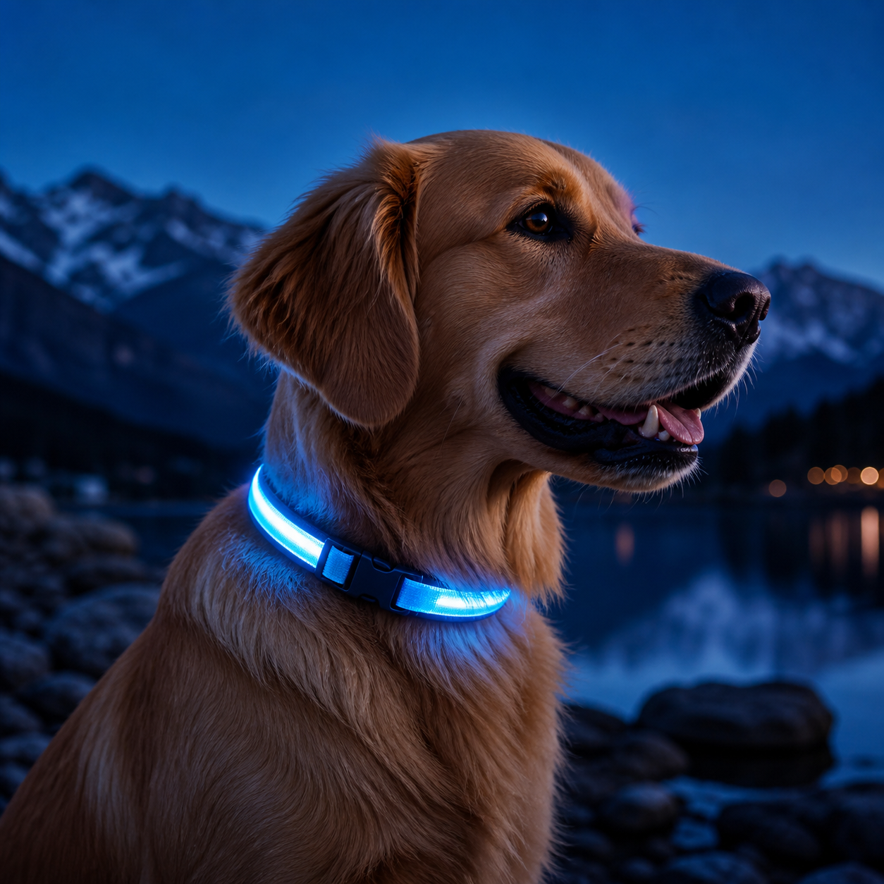 KAVYO Glow bleu — collier lumineux rechargeable porté par un chien