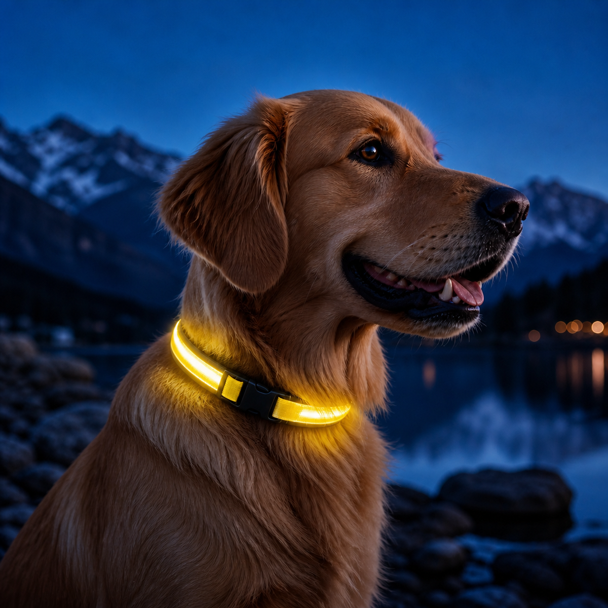 KAVYO Glow jaune — collier lumineux rechargeable porté par un chien