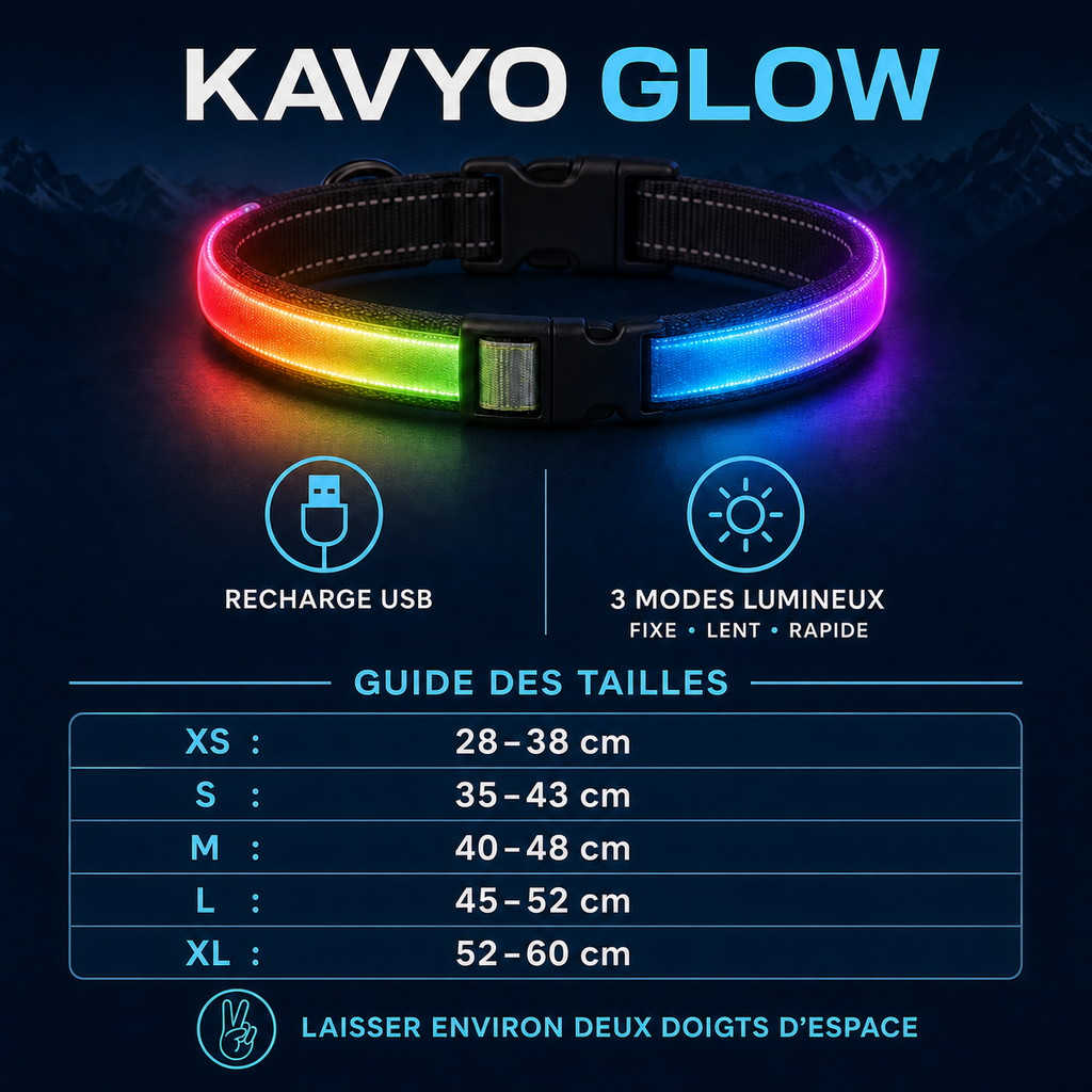 Notice KAVYO Glow — recharge, modes lumineux et guide des tailles