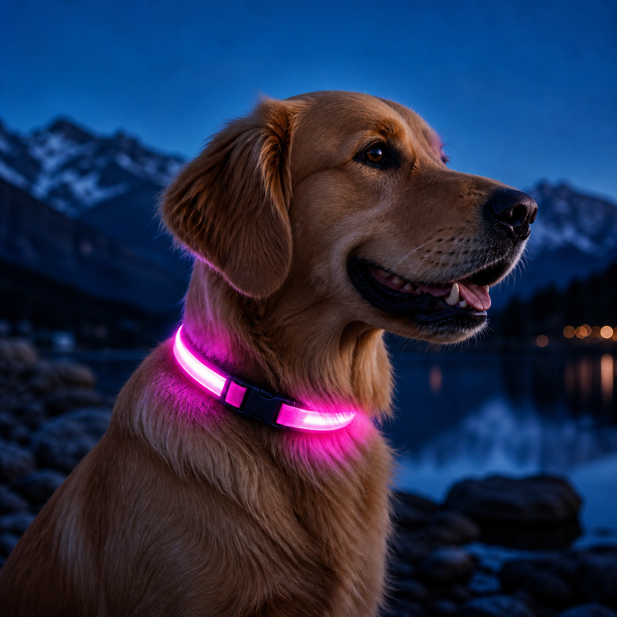 KAVYO Glow rose — collier lumineux rechargeable porté par un chien