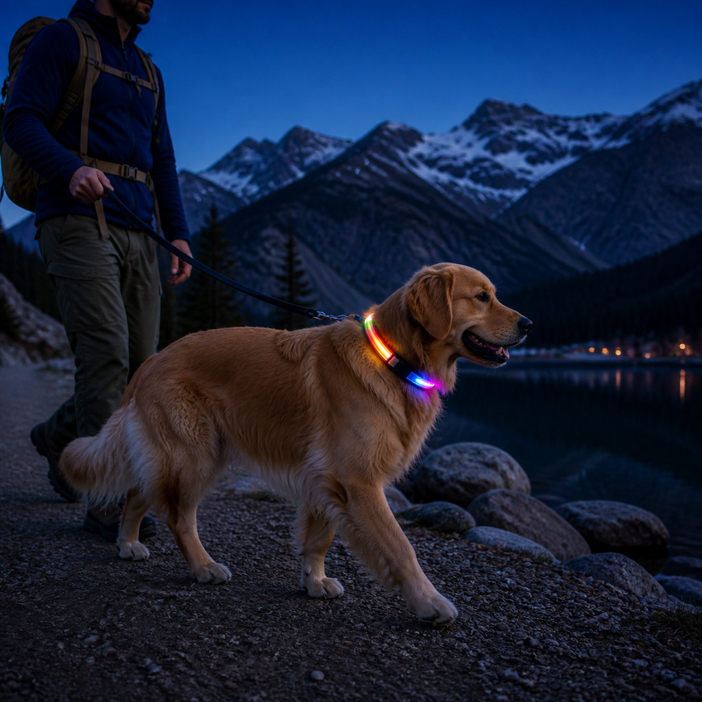 KAVYO Glow multicolore portée par un chien au crépuscule