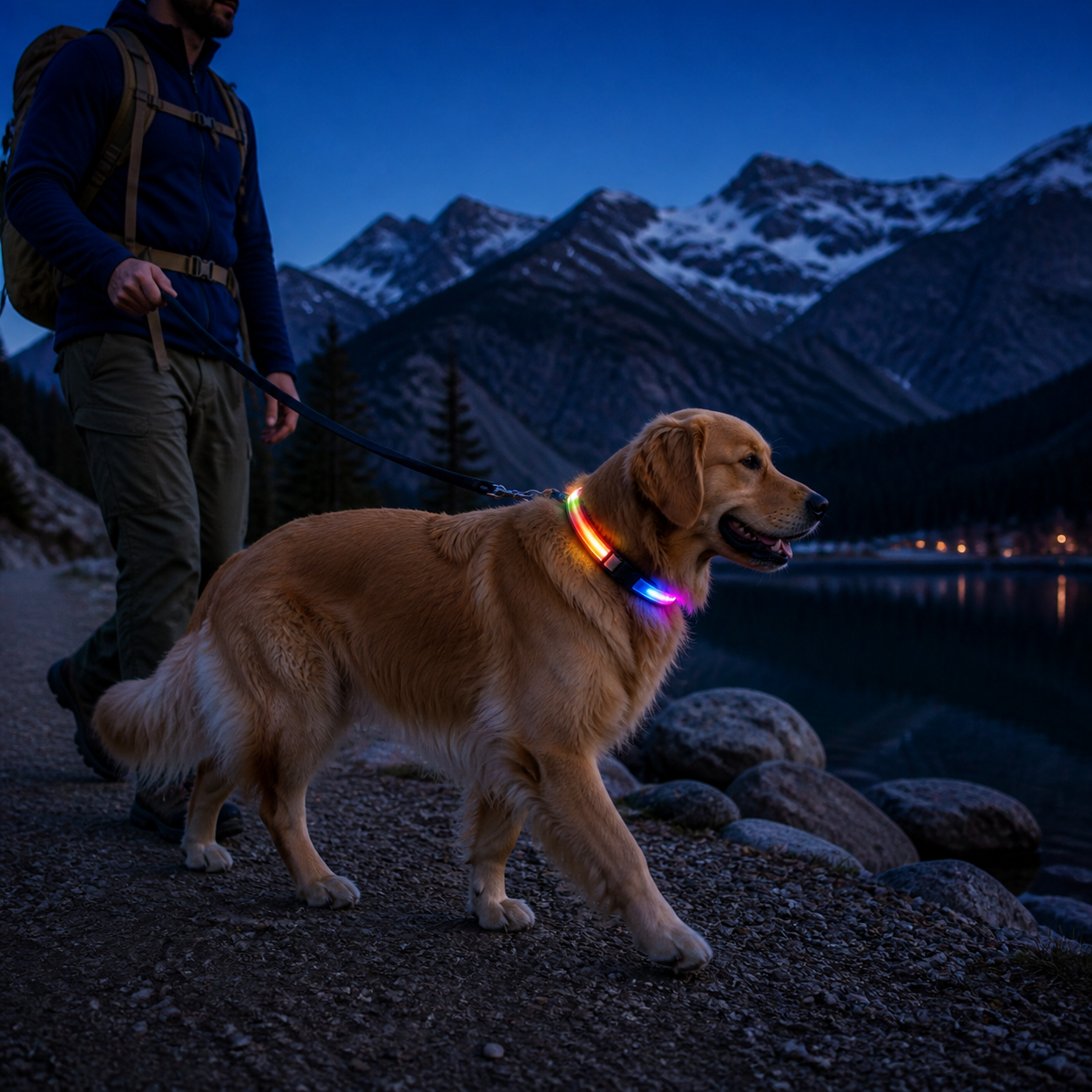 KAVYO Glow multicolore portée par un chien au crépuscule