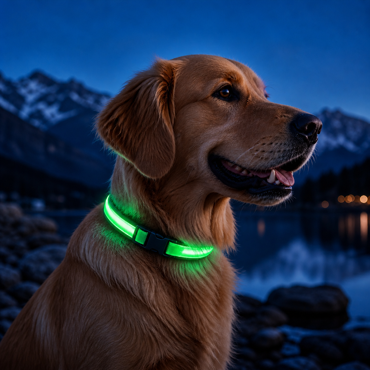 KAVYO Glow vert — collier lumineux rechargeable porté par un chien