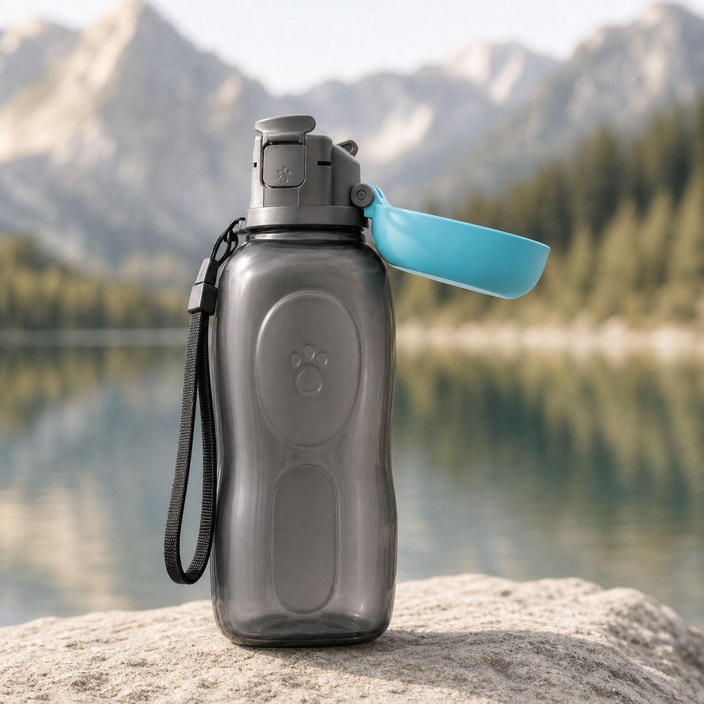 Détail premium de la gourde KAVYO Nomad 800 ouverte devant un lac alpin