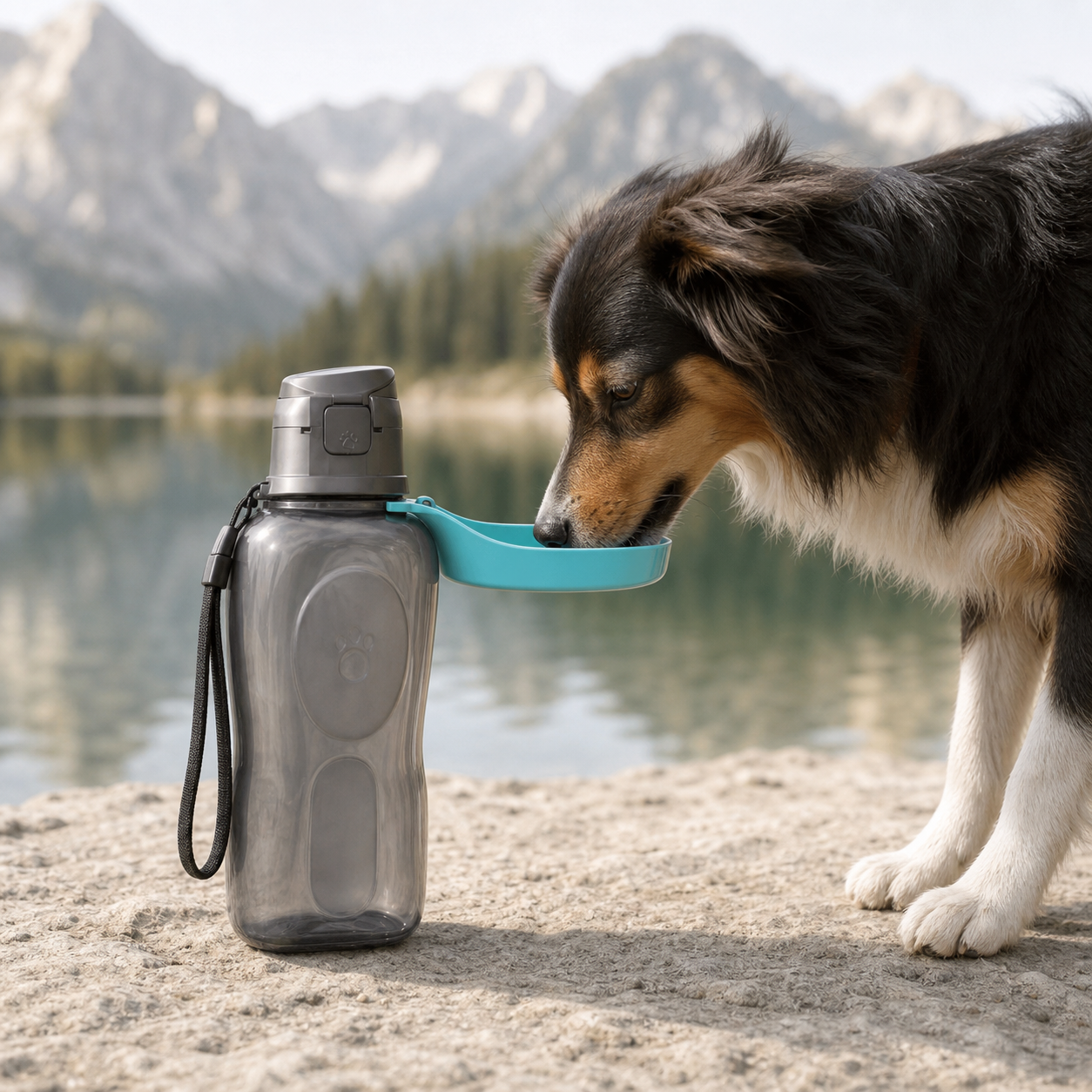 Chien buvant dans la gourde KAVYO Nomad 800 au bord d’un lac alpin